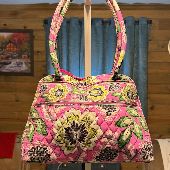 Vera Bradley Handbags - Vera Bradley Pink Floral Quilted Shoulder Bag with Yellow & Green Accents